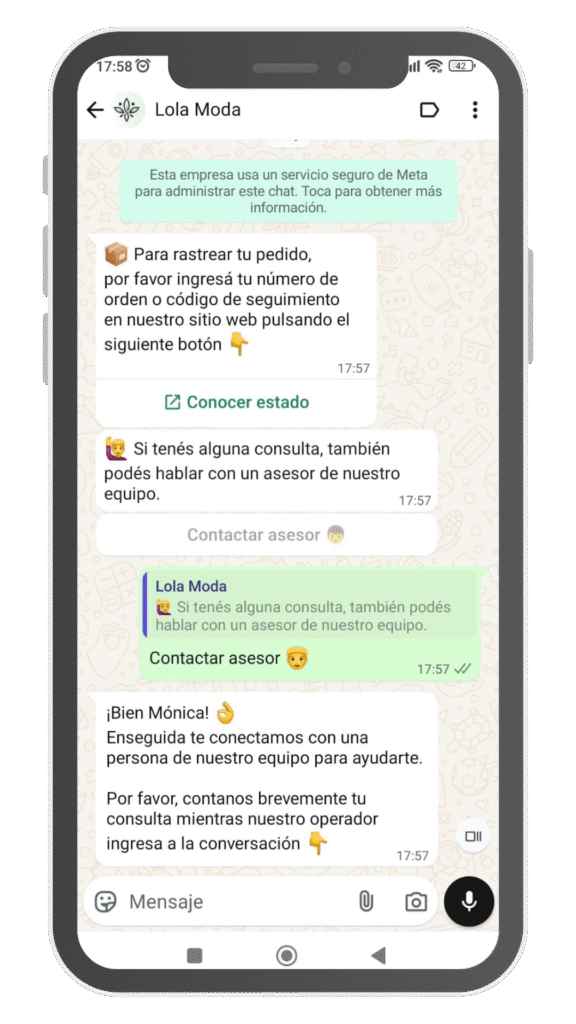 Captura de pantalla de una conversación donde se deriva el chat a un agente por WhatsApp