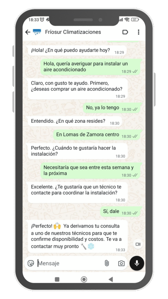 Captura de pantalla de una conversación por WhatsApp con IA